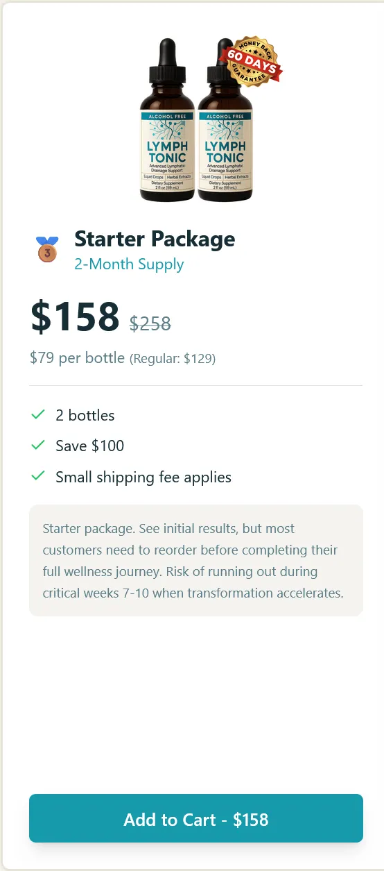 Lymph Tonic starter package 2 bottle supply pricing image, lymphatic drainage support supplement with discount offer, add to cart option and savings details