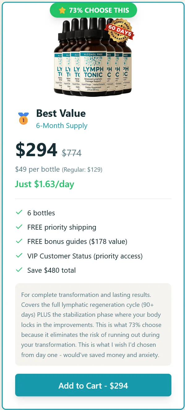 Lymph Tonic best value 6 month supply pack, lymphatic drainage support supplement with 6 bottles, discounted price $294, free shipping, bonus guides, and add to cart option