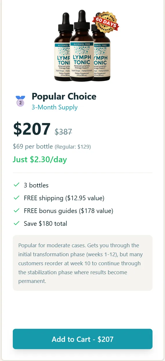 Lymph Tonic popular choice 3 month supply pack, lymphatic drainage support supplement with 3 bottles, discounted price $207, free shipping, and add to cart option