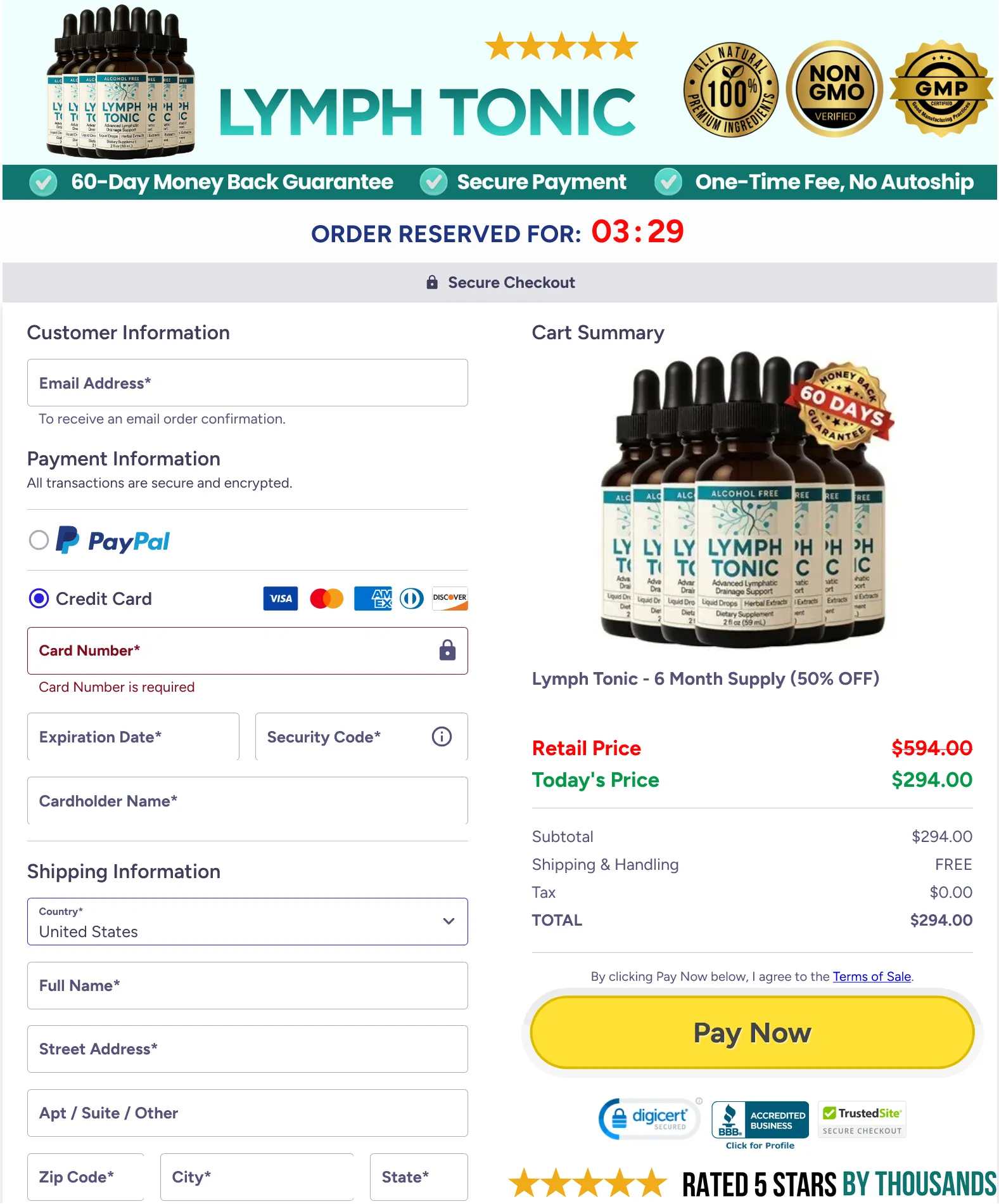 Lymph Tonic supplement secure checkout page with 6-month supply bottles, 60-day money-back guarantee, PayPal and credit card payment options, USA shipping form, and discounted price offer